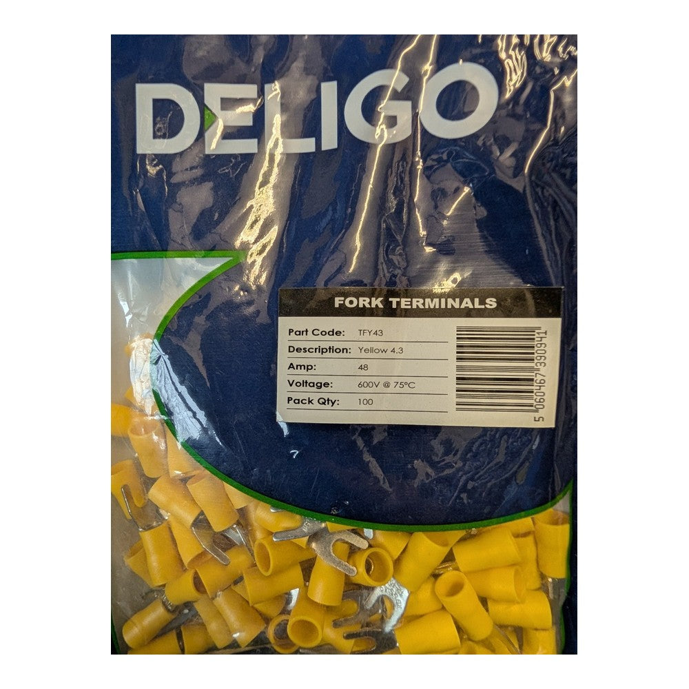 Deligo TRY43 Pack of 100 Yellow 4.3mm Copper Insulated Crimp Ring Terminals 48A