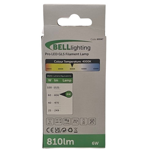3 x BC/B22 6W Bell Pro GLS LED Filament Lamp Bulb 810lm Clear Cool 90% Energy