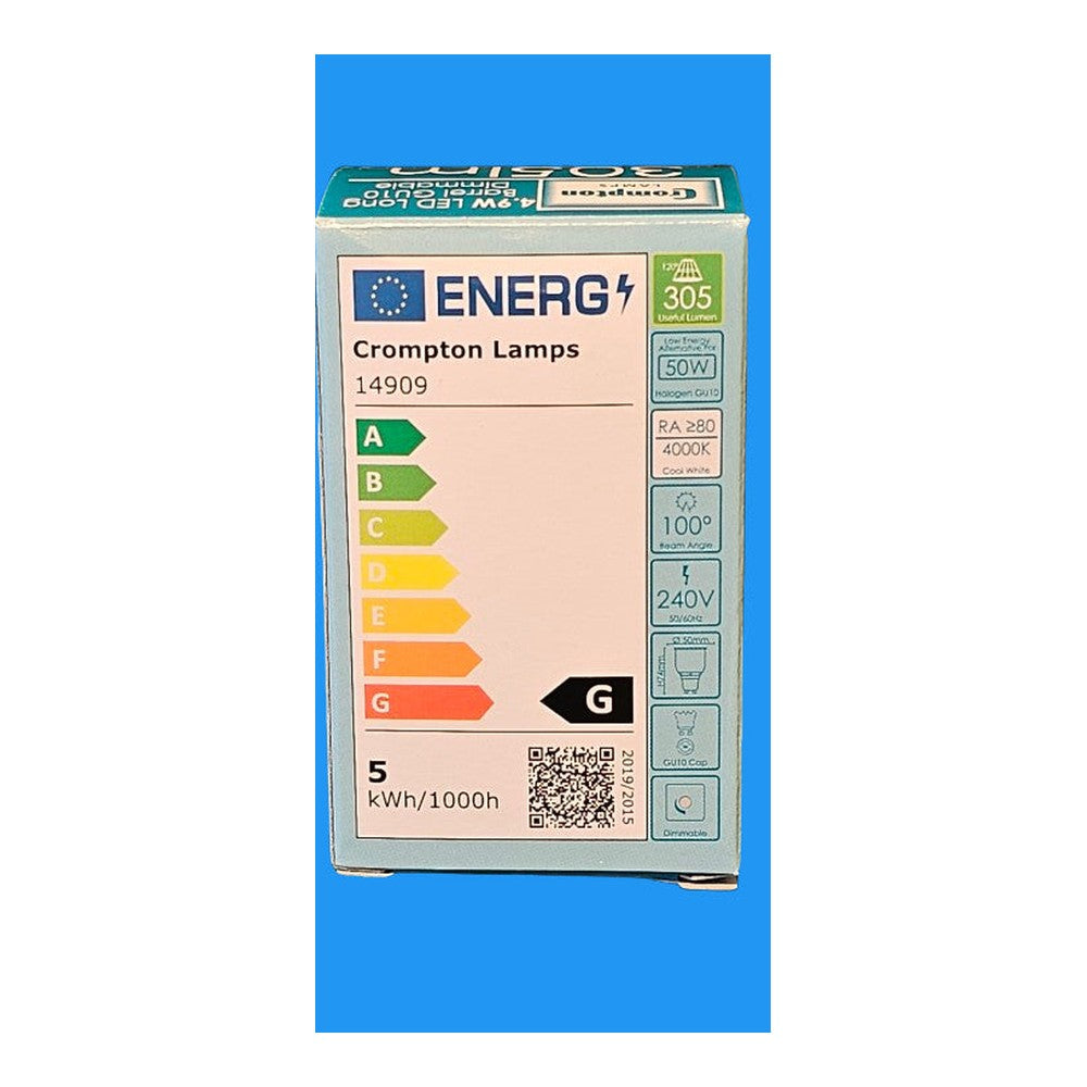 GU10 4.9W LED Crompton LONG BARREL Dimmable 4000k Cool White 305lm Energy Saving