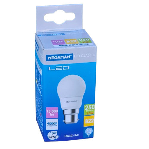 4 x B22 3.5 = 25w Megaman Bulb Lamp 250lm 4000k Cool White 15000H LED Classic