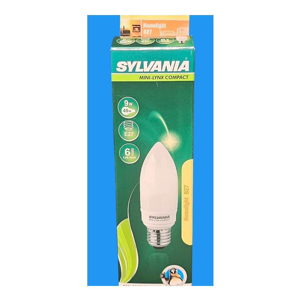 E27 9w = 40w Sylvania Candle Bulb Lamp Homelight 827 Mini Lynx Compact Pack of 2