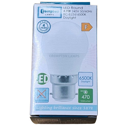 2 x BC B22d 4.9w Crompton LED Round Bulb 470lm 6500k Daylight 11564