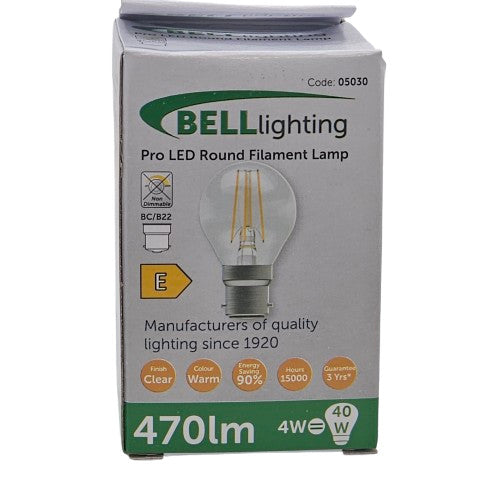 2 x BC/B22 Bell 4w = 40w 470lm Bulbs Pro LED Round Filament Lamp 05030