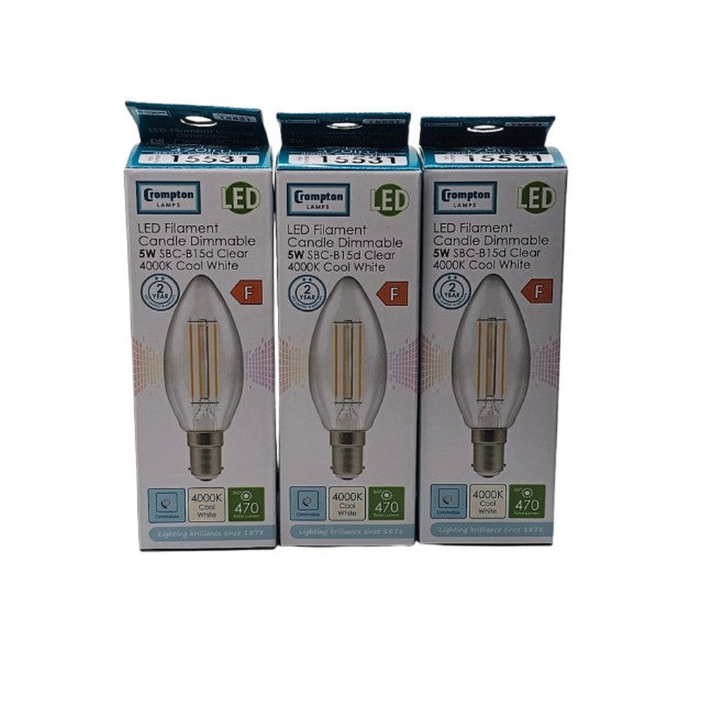 5W SBC-B15D X 3 Crompton LED Candle Bulb Lamp 470lm Dimmable 4000k Cool White