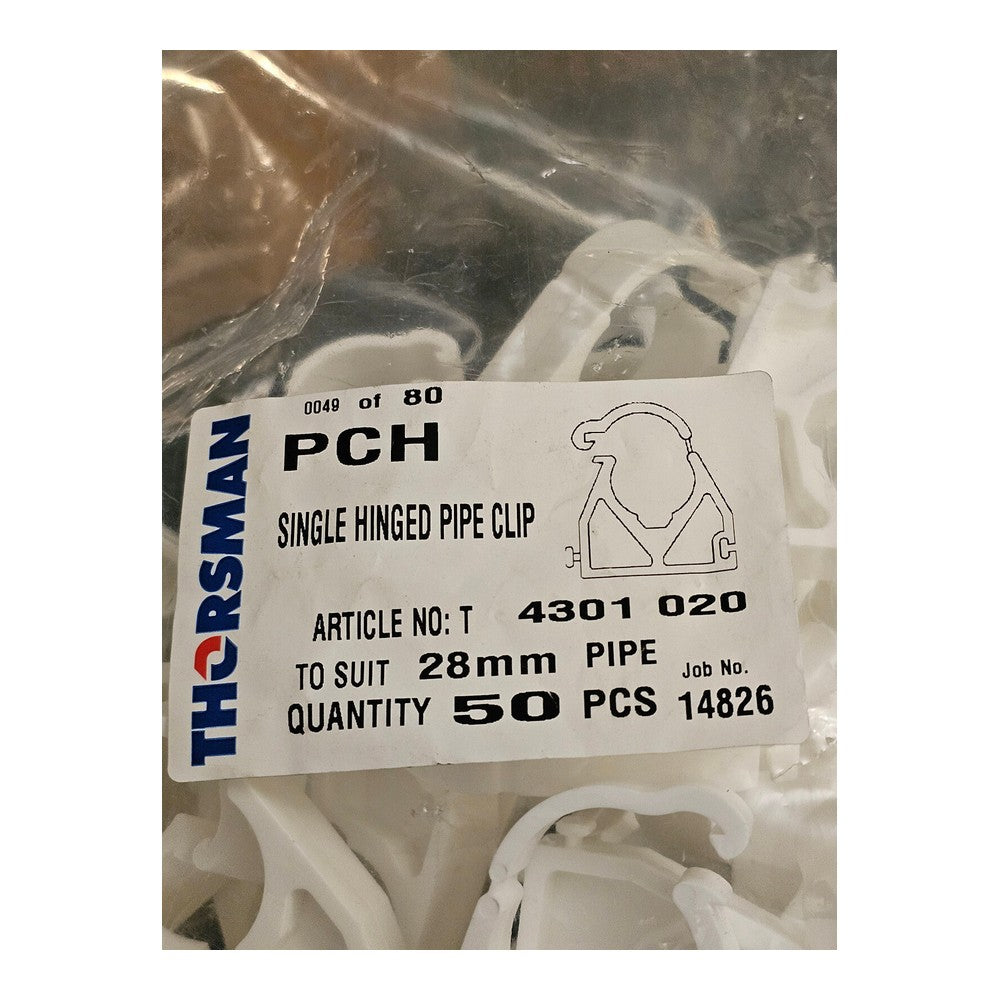 Thorsman Single Hinged Pipe Clip 28mm White Pack Of 50