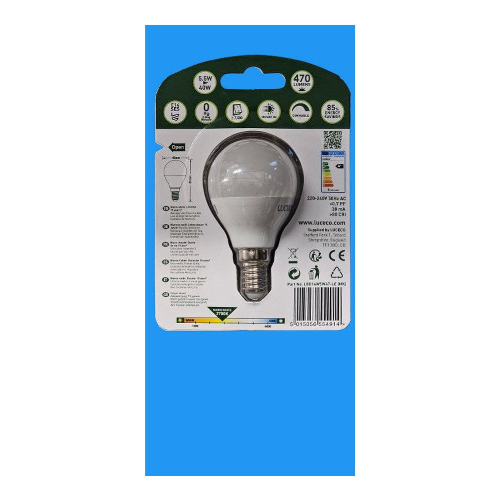 E14 SES 5.5W = 40W LED Luceco Dimmable Lamp 470lm 2700k Warm White