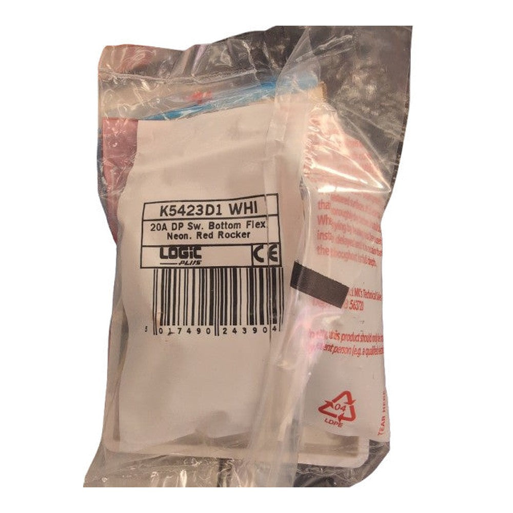 MK Logic Plus K5423D1WHI White Moulded 20a DP Switch Neon Red Rocker  F/O