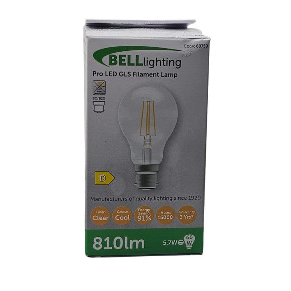 BC/B22 5.7w = 60w X 5 Bell Pro Filament Lamp Bulb 810lm Cool White 91% Saver