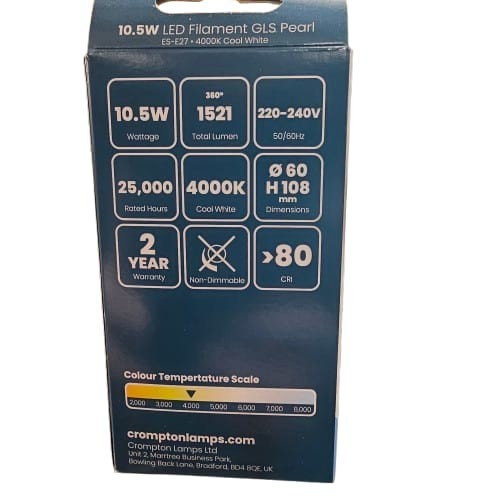 E27 Crompton LED Filament GLS Pearl Bulb 10.5W (100W) 4000K Cool White 19829
