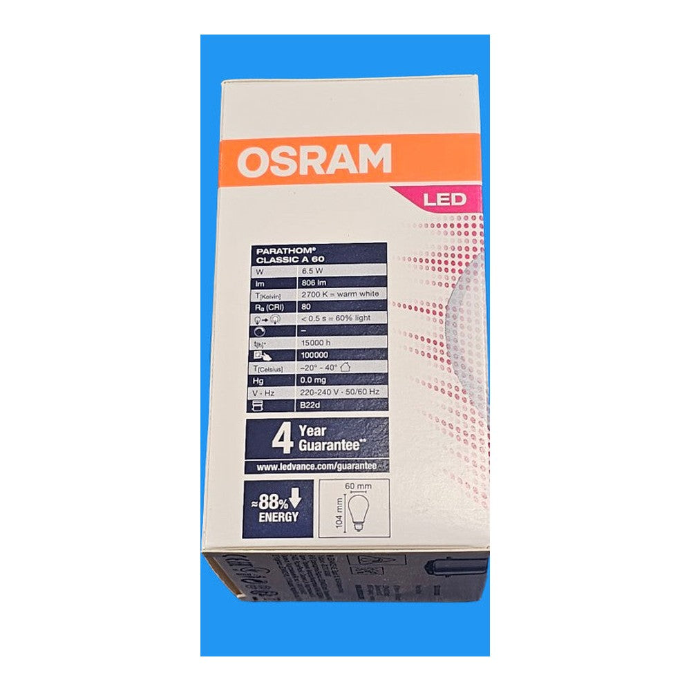 Osram PARATHOM Classic B22d LED GLS Bulb 6.5 W(60W) 2700K Warm White